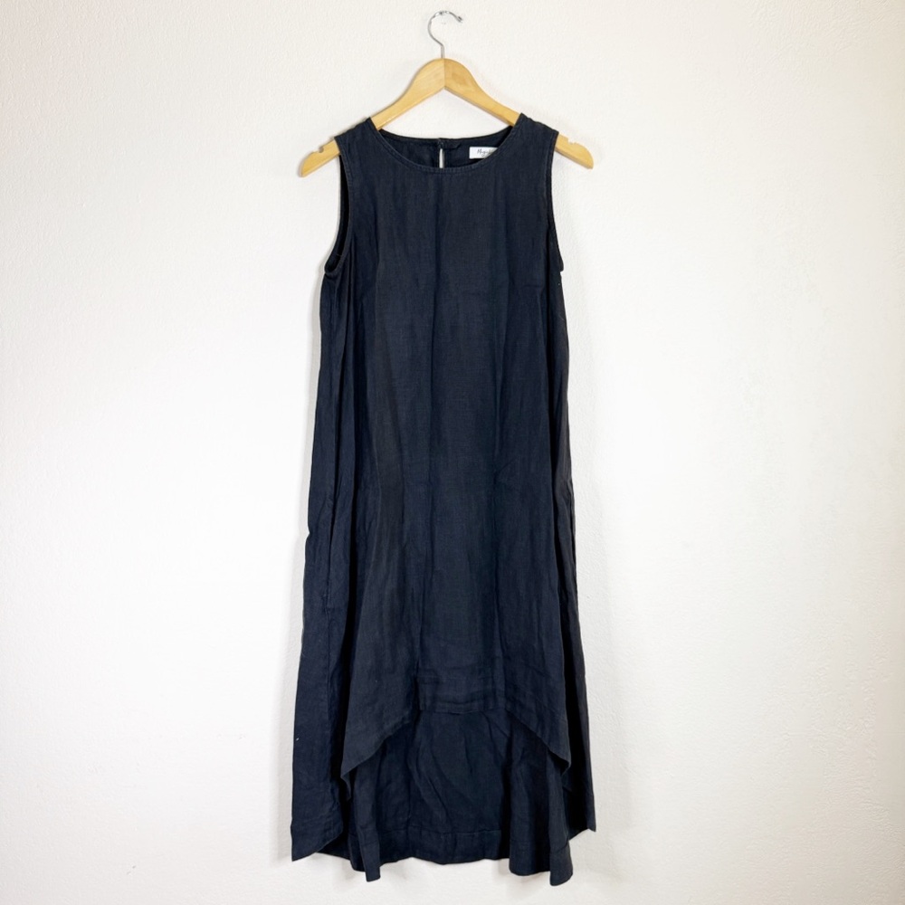 MAGIC LINEN black linen hi low midi dress SMALL